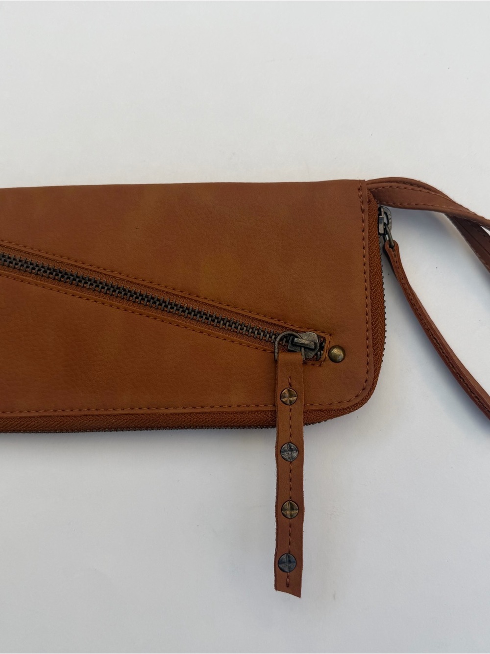 Free People Cognac Brown Leather Wristlet Clutch with Stud Detail